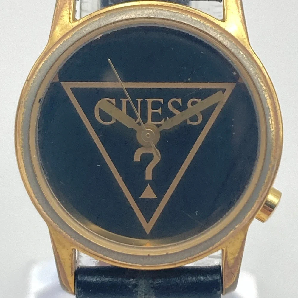Vintage Guess Womens Watch 25mm Gold Tone Black Logo New Battery 7.75
